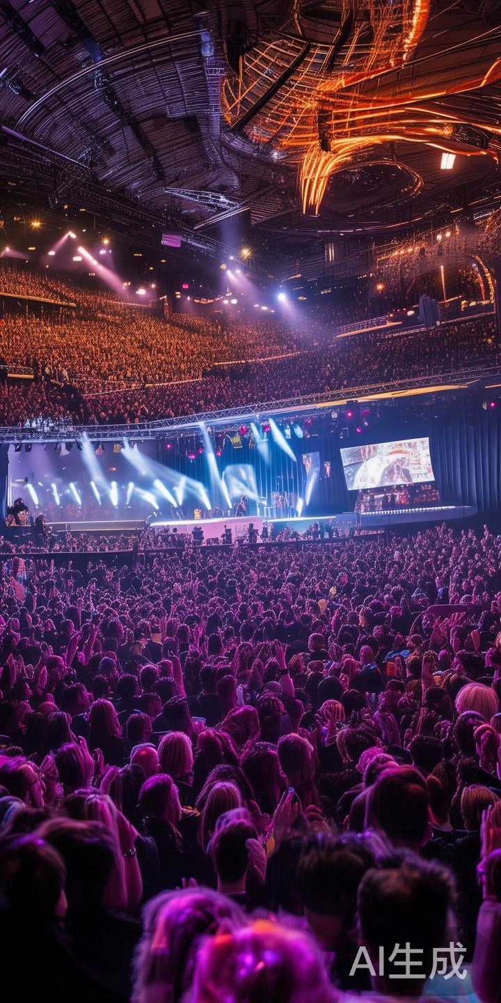 会场现场人头攒动，氛围热烈。舞台上的灯光交错，伴随